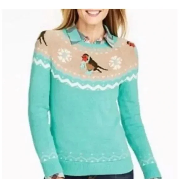 Talbots Teal Lambswool Knit Fair Isle Snow Bird Sweater Size M - Picture 2 of 5